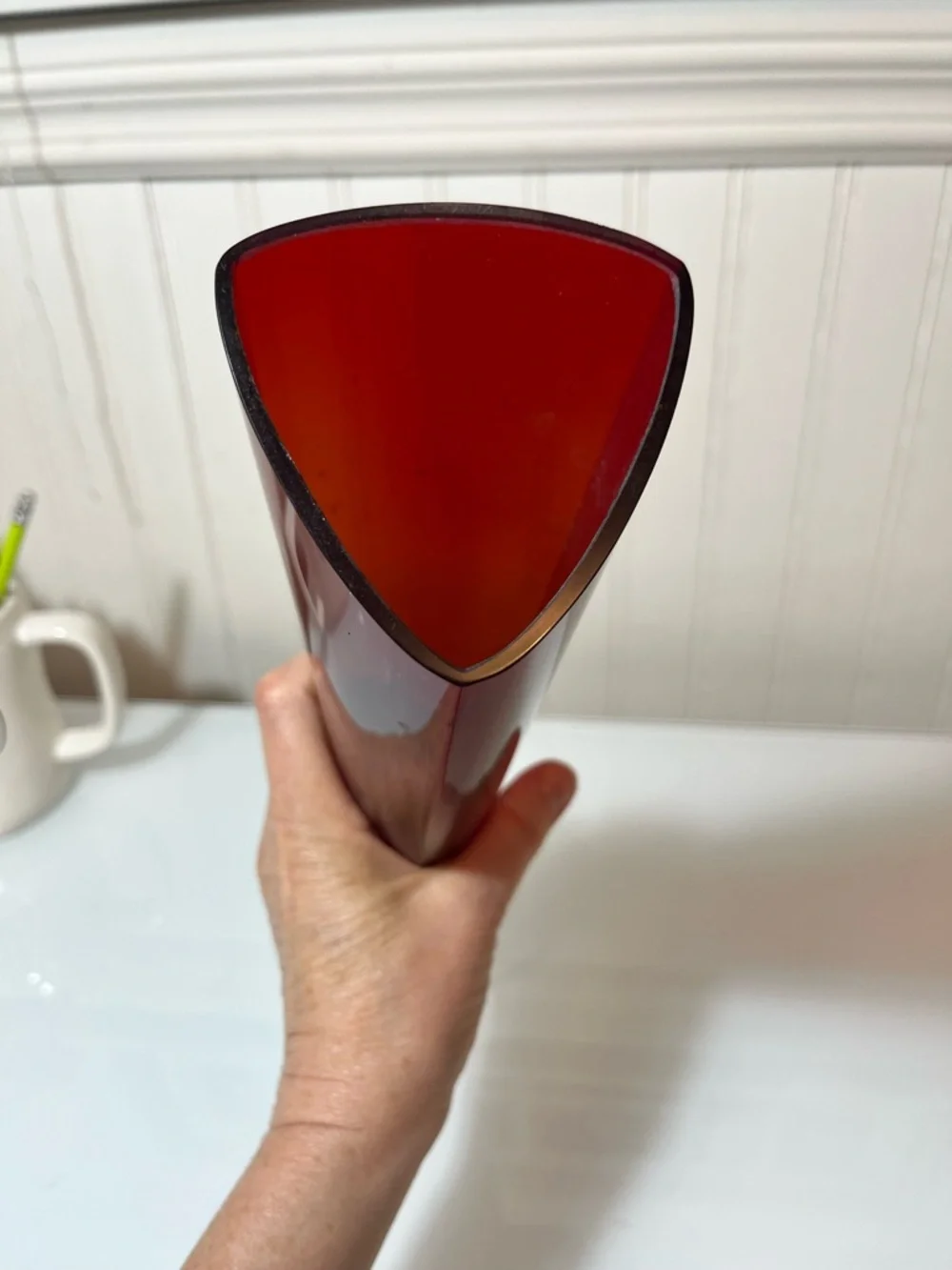 Vintage Ruby Red Art Glass Vase Triangular Asymmetrical MCM Clear Pedestal 13